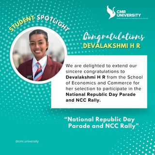 We are thrilled to extend our heartfelt congratulations to Devalakshmi H. R., a distinguished member of the School of Economics and Commerce at CMR University, on her remarkable achievement of being selected to participate in the esteemed National Republic Day Parade and PM Rally. Her dedication, talent, and commitment to excellence have earned her this prestigious opportunity to represent our institution on such a prominent national platform. 

We commend Devalakshmi for her exceptional accomplishments and wish her the very best as she showcases her skills and embodies the spirit of leadership and patriotism during these significant events.

#CMRU #CMRUniversity #StudentLife #RepublicDayParade #NCCRally #SchoolOfEconomicsAndCommerce #Leadership #patriotism #NationalPride #Achievement #Congratulations #ProudMoment #NationBuilding