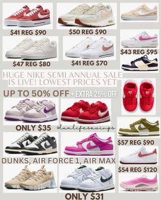 GOOO GOOO RUNNN ITS LIVE!! SEMI ANNUAL SALE IS LIVE THESE PRICES are the lowest of the season perfect FOR BACK TO SCHOOL SHOPPING!! 🙌🏼👀👀 look at those prices!! Up to 50% off + an extra 25% off 😱😱🫶🏻🫶🏻 legit stock up now!! They have dunks, Air Force 1, air max and much more!! Styles for the WHOLE FAMILY!! Look at those super cute dunks only $31 👀😍 hurry sizes will sell out as well as styles! 
🤍create an account or sign in then apply code EXTRA25 for the extra 25% off to drop 

Click 👉🏻 https://shopstyle.it/l/cdhYe

🔶All Link in my bio @savewith_nina
🔶Join my Telegr@mand Facebook group for more deals and clearance in my bio @savewith_nina 
🔶Follow my backup account @glitch.deals999

Tfs @luxlifesavings  repost 💖
Disclaimer:
I do not own the brand’s trademarks, logos or pictures or products posted. I do not intend to infringe on copyright. I find such content available on the internet. Contents are considered fair use. 

CONTENT IS PROVIDED “AS IS” PROMO CODES IF ANY MAY EXPIRE ANYTIME