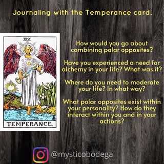 This week’s card in, Journaling with the Tarot, is Temperance - XIV. 

Relax and ground yourself. Find the card in your deck (or use the image in the post). Meditate on the card. Choose one or all journal prompts. Journal. Take a moment to reflect. Close with gratitude. 

I hope this exercise helps you on your Tarot journey and stay tuned as we continue The Fool’s Journey in the Major Arcana!

-Oz 🙏🏽

#mysticobodega #temperance #tarot #tarottips #majorarcana #thefoolsjourney #journal #journaling #tarotreadings #crystals #reiki #reikimaster #psychic #medium #healer #curandero #spirituality #spiritualguidance #divination #cartomancy #metaphysical #oracle #oils #candles #qpoc #lgbtq #smallbusiness #dfw #fortworth #texas