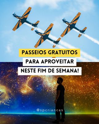 🚨🚨 PASSEIOS #GRATUITOS!

É isso mesmo, tudo 0800, free, #grátis, zero reais! 🤑

Selecionamos algumas opções de passeios para fazer com a criançada no fim de semana! Olha só:

📌 Exposição Banca Galeria de @flaviajunqueira: obras que misturam balões, carrossel, espelhos e cores vibrantes.
⏰ Todos os dias das 7h às 23h -  Até 14/11
📍 Jardim da Bienal do @ibirapueraparque

📌 Exposição LUZ ÆTERNA: a mostra oferece uma experiência imersiva, permitindo aos visitantes explorar a poética do Sol por meio de obras que utilizam projeções digitais.
⏰ Todos os dias, exceto às terças-feiras, das 9h as 20h - Até 25/11
📍 @ccbbsp

📌 Espetáculo Entre Risos: traz palhaços, mágicas, sapateado, equilibrismo e manipulação de bonecos.
⏰ Sábado e domingo, 28 e 29/09, às 16h
📍 @teatrocacildabeckersp

📌 Press Start: Exposição interativa sobre videogames, com jogos clássicos e atuais! 
⏰ Segunda a sábado, das 12h às 20h, e aos domingos, das 14h às 20h - Até 13/10
📍 @shoppingmetroitaquera | Necessário se inscrever antes

📌 Festival de Rock para Crianças: traz bandas cover que homenageiam grandes ícones do rock! Neste fim de semana tem Queen for Kids!
⏰ Sábado e domingo, 28 e 29/09, às 16h
📍 @openmallthesquare

📌 Domingo Aéreo: shows da Esquadrilha da Fumaça, exposição de aviões, motores e helicópteros da FAB e mais!
⏰ Domingo, 29/09,  das 9h às 17h
📍PAMA – Avenida Braz Leme, 3258, Santana

❇️ E tem mais no nosso site! Temos uma aba especial, só com passeios gratuitos! ❇️

👉👉 Comente GRÁTIS e eu envio o link para você conferir e escolher as opções que preferir!

Bora passear muito! 🫶🏻
.
.
.
.
.
. 
.
Imagens: Divulgação / Reprodução Instagram @teteateterede, @cesararaujofotografia, @classicalqueencover, @crisbelier_fotografia, @eda_oficial
.
#passear #passeioemfamilia #diversaoemfamilia #oquefazeremsp #spcriancas
. 
https://saopauloparacriancas.com.br/passeios/?gratuito