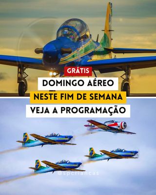 ✈️ DOMINGO AÉREO #GRÁTIS NESTE FIM DE SEMANA ✈️

👉 Comente AÉREO que envio todas as informações

O Domingo Aéreo, também conhecido como Portões Abertos, é um evento anual da Força Aérea Brasileira (FAB) e uma excelente oportunidade de admirar de perto uma exposição que inclui uma vasta gama de aviões, motores e helicópteros da FAB.

Além disso, o evento conta com sobrevoos de aeronaves, apresentações dos Motociclistas Batedores da Polícia do Exército, demonstrações dos cachorros do Canil da Guarda Civil Metropolitana e performances da Banda de Música da Base Aérea de São Paulo. 

E o melhor de tudo: a entrada é gratuita 🤩

✈️ O voo de demonstração da Esquadrilha da Fumaça está previsto em duas apresentações, iniciando às 10h30 e às 16h.

📌 Portadores de TEA e PCD poderão entrar antecipadamente a partir das 8h30, com comprovação.

💲GRÁTIS
🗓 29 de setembro
⏰Das 09h às 17h
📍PAMA – Avenida Braz Leme, 3258, Santana - São Paulo
🚇 Próximo a estação Santana do Metrô, linha azul.

📸 Divulgação 

#passear #passeioemfamilia #diversaoemfamilia #oquefazeremsp #spcriancas 

https://saopauloparacriancas.com.br/domingo-aereo-2023/