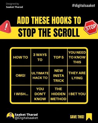 📢 Reposted from @digitalsaaket
...
🛑 ADD THESE HOOKS TO STOP THE SCROLL!

People have the tendency to scroll fast on platforms like Instagram. It becomes important to find ways you can grab their attention. Using engaging hooks is one of the best ways to do that! 

#socialmediamarketing #digitalmarketing #copywriting  #socialmediastrategy #contentcreation #contentstrategy #marketingtips