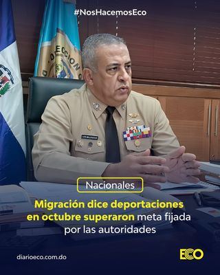 ECO/SANTO DOMINGO, RD.- La Dirección General de Migración informó que en el pasado mes de octubre fueron deportados 60,961 extranjeros en condición irregular, 43,148 tras ser interdictos en operativos en todo el país y 14,970 que se acogieron al retorno voluntario por no cumplir con las normas que establece la ley general de Migración 285 – 04 y su reglamento de aplicación decreto 631 – 11.

Antes de octubre, el mes con mayor cantidad de repatriados se registró en septiembre en que fueron enviados a su país de origen 27,084 deportados y 16,085 retornos voluntarios para un total de 43,169 repatriados. La meta que se propuso el Consejo de Defensa y Seguridad Nacional a partir del mes de octubre fue repatriar 10,000 cada semana. En el período enero-octubre se han enviado a sus país de origen 406,860 extranjeros en condición irregular.

⏩️ Haz clic en el enlace de nuestra BIO para ampliar esta información!

#Noticias #DiarioEcco #NosHacemosEco #Masnoticia 
………………………………………………