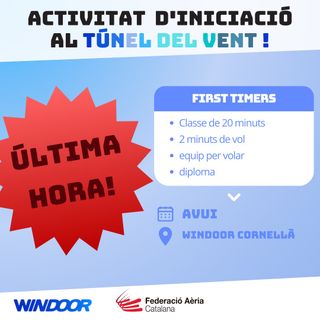 ‼️LAST MINUTE!!

‼️Apunta't ja per l'activitat de Túnel del vent "First Timers" al Windoor de @windoor_barcelona_pro per avui a les 19:00h!

📎 Consulta tots els detalls i formulari de registre a l'enllaç que trobaràs a la bio!

#indoorskydiving #windtunnel #esportsaeris