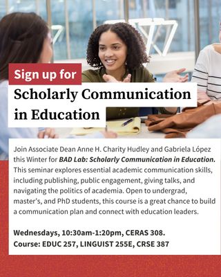Ready to level up your academic communication game? This winter, join BAD Lab for a seminar led by Associate @acharityhudley and @lopez4schools, designed to help you publish, engage, and thrive in academia. 🌟 Open to all student levels!

💬 Build your skills.
🤝 Connect with Education leaders.
📍 CERAS 308 | Wednesdays from 10:30 AM - 1:20 PM 

#BADLab #ScholarlyCommunication #StanfordGSE #StanfordStudents #EducationLeadership #Education