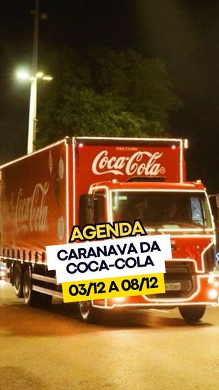 🚨🚨 CARAVANA DE NATAL COCA-COLA!

Confira as próximas datas e os pontos de início por onde os caminhões iluminados da @cocacola_br irão passar em SP! 🚚✨🎅

🗓️ 03/12 A 08/12

🎄03/12 - Cesário Lange: Portal da cidade | 17h45
🎄03/12 - S. José dos Campos: Sup. Nagumo | 18h30
🎄03/12 - Limeira: Zomper Sup. | 19h
🎄03/12 - Laranjal Pta.: Av. Cesário Carlos de Almeida 364 | 19h50
🎄04/12 - Cosmópolis: Pça. Ulisses Guimarães | 16h
🎄04/12 - Mogi das Cruzes: Shibata Sup. | 18h30
🎄04/12 - Franca: Tiâozinho | 19h
🎄04/12 - Itapetininga: Sup. Cofesa Max | 19h
🎄04/12 - Americana: Sup. Pague Menos | 19h30
🎄04/12 - Sta. Bárbara D’Oeste: Esporte Clube Barbarense | 21h
🎄04/12 - Suzano: Pça. João Pessoa | 21h
🎄05/12 - Praia Grande: Atacadão de Praia Grande | 17h30
🎄05/12 - Araçoiaba da Serra: Posto do Bueno | 18h30
🎄05/12 - Guarujá: Pça. dos Expedicionários | 21h
🎄06/12 - S. Vicente: Teleférico de São Vicente | 18h30
🎄06/12 - Batatais: Sup. Nori | 19h
🎄06/12 - Santos: Teleférico de S. Vicente | 20h30
🎄07/12 - S. Caetano do Sul: Park Shopping | 21h
🎄07/12 - Guariba: Av. Antonio Albino | 19h
🎄07/12 - Piedade: Jet Motors | 19h
🎄07/12 - Sto. André: Atacadão Sto. André | 19h
🎄08/12 - Osasco: Carrefour Hipermercado | 18h
🎄08/12 - Pradópolis: Av. Monte Sereno | 19h
🎄08/12 - Guarulhos: Sec. do Trabalho | 21h

Rotas e horários podem ser alterados. Acompanhe as novidades aqui no @spcriancas! 🎁

👉👉 Comente NATAL e eu te envio a programação por direct, assim você não perde nada!
.
.
.
.
.
.
.
Vídeo: Reprodução / Instagram @cocacolafemsa_br @cocacola_br
.
#passear #passeioemfamilia #diversaoemfamilia #oquefazeremsp  #spcriancas #caravanascocacola 
. 
https://saopauloparacriancas.com.br/caravana-natal-coca-cola-caminhoes-iuminados/