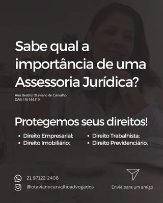 Cuidar dos seus direitos é nossa prioridade! ⚖️💼 
Assessoria Jurídica especializada para proteger o que importa para você. 
Fale conosco agora, e agende um atendimento! 📲

Você já conta com uma assessoria jurídica?