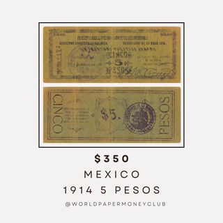 Step into history with this Mexico Baja California 1914 5 Pesos banknote, a rare piece of Mexican revolutionary-era currency. Printed on gray pasteboard paper, this note showcases black Spanish text in a traditional layout that reflects the economic challenges of the time.

The highlight of this piece is the distinctive violet circular seal of Jefatura Politica De La Baja California La Paz, prominently featured on both the front and back, adding an official and historical touch to this unique banknote.

This currency captures the spirit of early 20th-century Baja California, making it a fascinating addition for collectors of Mexican revolution memorabilia and historic banknotes. 350.
.
.
.
#MexicanRevolutionCurrency
#BajaCaliforniaBanknote
#5Pesos
#RareMexicanCurrency
#RevolutionEraMoney
#NumismaticCollectors
#HistoricBanknotes
#MexicanCurrencyCollectors
#RevolutionaryEraCollectibles
#BajaCaliforniaHistory
#AntiqueBanknotes
#MexicanPesos