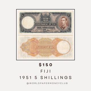 This Fiji 1951 5 Shillings banknote is a true gem for collectors of vintage British colonial currency. Featuring blue and brown tones, it beautifully captures the essence of mid-20th-century Fiji’s financial history.

The front of the banknote is adorned with English text and the Fijian coat of arms, along with a striking left-profile portrait of King George VI. The back showcases English text and intricate guilloches. The watermark of a Fijian head adds a special touch, making this a stunning example of Fijian numismatic history.

Printed by the renowned Bradbury, Wilkinson & CL in England, this 5 shilling note measures 178 x 75 mm and remains a beautiful reminder of Fiji’s role in the British Empire. 150.

.

.

.

#FijiBanknote
#FijiShillings
#VintageFijiCurrency
#FijianBanknote
#KingGeorgeVICurrency
#BritishColonialBanknote
#NumismaticCollectors
#FijianCoatOfArms
#HistoricBanknotes
#FijiCurrencyCollectors
#VintageBanknotes
#FijiMoneyHistory
#CollectibleBanknotes
#FijiNumismatics