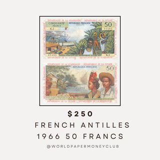 1966 French Antilles 50 Francs Banknote - Martinique, Guadeloupe & Guyane Overprints - Scarce Collectible. 

Add a unique and historical piece to your collection with this 1966 French Antilles 50 Francs banknote, featuring stunning artwork and vibrant scenes of industry and agriculture. Issued with overprints for the Departments of Martinique, Guadeloupe, and Guyane, this note was printed by the Banque de France and circulated in the French Caribbean territories.

🔹 Front Design:

Detailed illustration of a bustling port scene with ships, dock buildings, cranes, trucks, and workers.
Banana harvesters wearing straw hats, using machetes to cut banana bunches.
Overprints for Martinique, Guadeloupe, and Guyane.
🔹 Back Design:

Lumber industry scene with sawmill buildings, cut timber, and surrounding trees.
Antillean woman in a red headscarf, wearing a pearl necklace and earrings.
Antillean man wearing a straw hat.
🔹 Additional Details:

Watermark: Head of an Antillean woman.
Dimensions: 164 x 89 mm.
Printer: Banque de France.
This note is a scarce and sought-after Caribbean banknote with intricate details that reflect the economy and culture of the French Antilles in the 1960s. Perfect for collectors of world currency, French colonial issues, or historical Caribbean banknotes!
.
.
.
#CarribeanBanknote