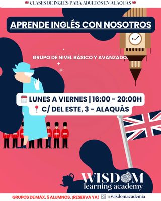 🇬🇧 ¡Aprende inglés con nosotros! 🇬🇧

✨ Grupos y clases particulares de nivel básico y avanzado
En Wisdom Academia, ofrecemos clases de inglés en grupos reducidos para garantizar una atención personalizada. ¡Perfecto para todos los niveles!

📅 Horario:
De lunes a viernes, de 16:00 a 20:00 horas.

📍 Ubicación:
C/ Del Este, 3 - Alaquàs (Valencia).

¿Por qué elegirnos?
✔ Grupos de máximo 5 alumnos.
✔ Clases dinámicas y adaptadas a tu nivel.
✔ Ambiente acogedor y profesional.

💬 ¡Reserva ya tu plaza!
Escríbenos a @wisdomacademia o contáctanos para más información.

#AprendeInglés
#ClasesDeInglésValencia
#InglésBásico
#InglésAvanzado
#CursosDeInglés
#WisdomAcademia
#IdiomasEnValencia
#AprenderInglésValencia
#ClasesParticularesInglés
#GruposReducidos
#FormaciónEnInglés
#InglésParaTodos
#Alaquàs
#AcademiaDeInglés
#AprenderIdiomas
#InglésEnValencia