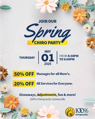 🌸 Spring Has Sprung

📢 Reposted from @100chiropractic_gainesville
...
💮 Join us at 100% Chiropractic Gainesville this upcoming April 30, as we celebrate health, wellness, and the start of a new season! 

📍 890 Dawsonville Hwy C, Gainesville, GA 30501 🎉 Exclusive Event Specials: 

✨ 20% OFF All services for the public 

🤰 50% OFF Massages, for all moms attending. 

Come enjoy adjustments, massages, giveaways, and good vibes. 💙 

🔗 Link in bio to learn more!

 #springintowellness #chiropracticevent #GainesvilleGA