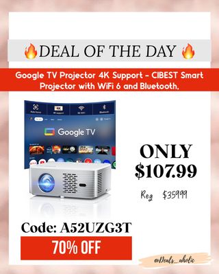 🔥 Transform your wall into a full home theater!
This CIBEST Smart Projector supports 4K, Google TV, WiFi 6, and Bluetooth — stream Netflix, YouTube, and more, all in one device 🎬✨

💥 Reg. $359.99 → NOW only $107.99
🎯 Use code: A52UZG3T for 70% OFF
🛒 Don’t wait — perfect for movie nights, gaming, or backyard parties!

📲 [Shop via link in bio or story or comment LINK and I will send you ]

https://amzlink.to/az0C9OzGdBiLs

#HomeTheaterSetup
#SmartProjector
#GoogleTVProjector
#AmazonTechFinds
#DealsAholic