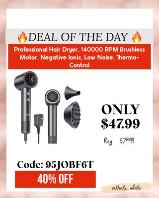 🔥 DEAL OF THE DAY –  Comment Hair to get the link or find it in my profile bio ⭐️Salon Hair at Home!
This Pro Hair Dryer packs a punch with 140,000 RPM, negative ionic tech, and thermo-control — all with low noise!

💨 Perfect blowout. No frizz. No damage.
💰 Now ONLY $47.99 (Reg. $79.99)

🎟 Use code 95JOBF6T to get 40% OFF — limited-time only!
https://amzlink.to/az0RZagSwlfiW

#ad 
#HairGoals #HairDryerDeal #AmazonBeautyFinds #SalonAtHome #DailyDeal #BeautyTools #DealsAholic