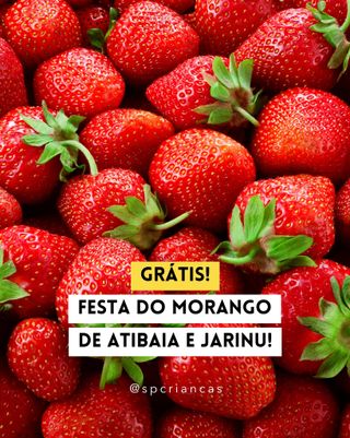 #GRÁTIS | FESTA DO MORANGO 🍓

Começa no próximo sábado, 28, a 41ª Festa do Morango de Atibaia e Jarinu que vai reunir cultura, gastronomia e diversão durante junho e julho! 🎉

Por lá você encontrará música, gastronomia, parque de diversões, exposições e, claro, MUITO morango! 😋

Um passeio pra reunir a família toda e curtir muito!

🗓️ De 28/06 a 20/07 
⏰ Sábados das 10h às 23h | Domingos das 10h às 20h
💰 Entrada #gratuita
📍 Parque do Morango Duílio Maziero – Estrada Municipal, S/N, Jardim Santo Antônio - Atibaia

👉👉 Comente MORANGO e receba os detalhes!
.
.
.
.
.
.
Imagens: Divulgação / Reprodução Instagram @morango_festaatibaiajarinu
.
#passear #passeioemfamilia #diversaoemfamilia #oquefazeremsp  #spcriancas #festadomorango
. 
https://saopauloparacriancas.com.br/41a-festa-do-morango-de-jarinu-e-atibaia-reune-cultura-gastronomia-e-diversao-em-junho-e-julho/