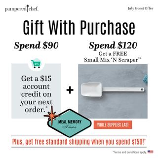 July Gift with Purchase and Host Specials! Get an extra $100 with a $650 PC Party! Who's ready to host? If not, each month I will have a party available for you to place an order and here's the July party if you'd like to place an order! #mealmemorymakers 
https://www.pamperedchef.com/party/marshahinton0701