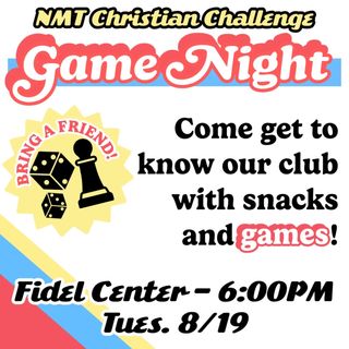 Hey everyone! We hope you had a great summer and are ready for the new school year! Please join us for a game night tomorrow in Fidel. Feel free to bring your favorite games and invite friends!