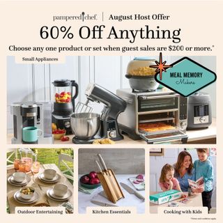 So sorry, I am late posting but you still have time for the August Specials. 60% off Anything for Hosts and Guests will receive $15 off your next order with a $90 purchase. Or, you can choose to have 10 meals donated to Feeding America! I love this idea! 🥰 Notice Hosts can choose 60% off the Stainless Cookware Set or Anniversary Dinnerware Sets! Let's get you booked. Texting parties are always fun and quick! #mealmemorymakers