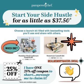 ⭐ Have you ever thought about becoming a Pampered Chef Consultant? This could be your sign! 25% OFF the NEW kits for August. Let me know quick! I only have 2 codes! Have fun, make money, show off delicious recipes, make new friends! What could be better? #mealmemorymakers