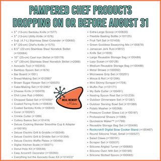 🎉 It's that time of year when Pampered Chef discontinues some products. This year, our list of retiring products is especially extensive due to impending tariffs. Rest assured, some tools may return should there be changes in tariffs. These are available through August 31 or until sold out. This all means, NEW Pampered Chef products will be available starting September 1. A few new items will be making their debut each month. So look for NEW, FUN Pampered Chef products for September, October and November. 🥰 #mealmemorymakers