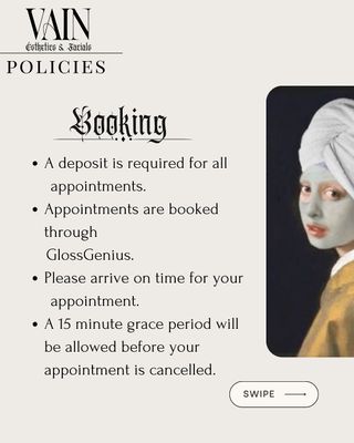 Just a quick refresh on my policies. ✨🖤
#bookingnow #facials #waxing #browartist #skincare #midlandtx #lamination #brazilianwax