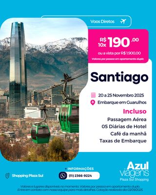 🏔️ Viva dias inesquecíveis em Santiago! 🇨🇱✨
Aproveite o melhor da capital chilena com voos diretos e hospedagem charmosa no Tremo Boutique Bellas Artes.

📅 20 a 25 de Novembro 2025
🛫 Embarque em Guarulhos

✅ Incluso no pacote:
✈️ Passagem Aérea
🏨 05 Diárias no Tremo Boutique Bellas Artes
☕ Café da Manhã
🧾 Taxas de Embarque

💳 10x de R$ 190,00
Ou R$ 1.900,00 à vista por pessoa

👉 Garanta já sua viagem e descubra os encantos de Santiago com todo conforto e praticidade!

📍 Azul Viagens Shopping Plaza Sul
📞 (11) 2366-9224

⚠️ Consulte condições.
Valores por pessoa em apartamento duplo, sujeitos a alteração sem aviso prévio.

#AzulViagens #Plazasulshopping #shoppingllazasul #saopaulo #agenciadeviagens