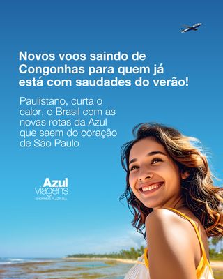 ☀️✈️ O verão já está batendo à porta e a Azul traz uma novidade imperdível para os paulistanos: novos voos direto de Congonhas para os destinos mais quentes do Brasil! 🌴🏖️

Agora ficou ainda mais fácil embarcar rumo ao sol, ao mar e às férias dos seus sonhos, saindo do coração de São Paulo. 💙

📍 Azul Viagens Shopping Plaza Sul
📞 (11) 2366-9224

#AzulViagens #AgenciadeViagens #saopaulo #sp #shoppingplazasul