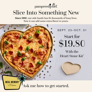 Y'all! If you have ever thought about making money as a Pampered Chef Consultant, NOW is your time. 👩‍🍳 There's a new kit option celebrating the 45th anniversary of Pampered Chef! ONLY $19.80 for this starter kit with the heart shaped stone. SO cute and oh, how FUN. And, when you join in September, and you still have time to earn some extra special gifts! Give me a shout out and I'll help you get started on your Pampered Chef story! #mealmemorymakers
