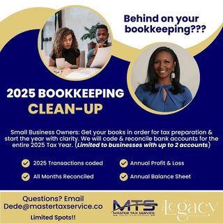 Tax season is right around the corner! 🗓️

Smart business owners know that proper bookkeeping is the foundational key to maximizing their tax deductions. 🎯

📢 Reposted from @thelegacyaccountingfirm

One-year bookkeeping cleanup for small business owners. ✅ Limited spots available!

🔗 Link in Bio to learn more!
