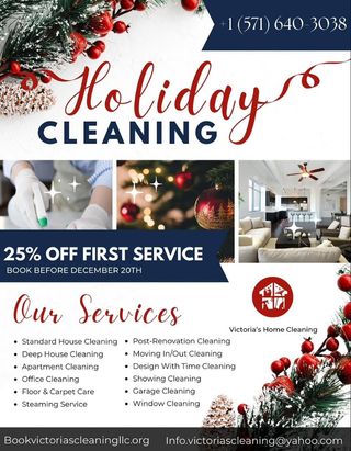 This is the perfect time of the year to give your home a good thorough cleaning! 🧼 🫧 

📢 Reposted from  @victoriashomecleaningllc

✨ Get your home holiday-ready!

 ✨ Book your cleaning before December 20th and enjoy 25% OFF your first service! 

Let us handle the mess so you can focus on the memories. ❤️ 

📞 Call or text (571) 640-3038 
📧info.victoriascleaning@yahoo.com 
🌐 Book online: bookvictoriascleaningllc.org

#holidaycleaning #cleanhomehappyhome #housecleaningservice #deepcleaning #princewilliamcountyva #fairfaxcountyva