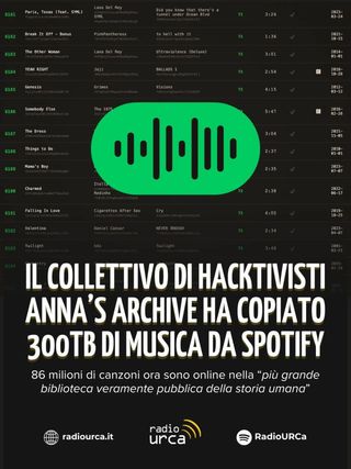 Si fanno chiamare "Anna's Archive" e da anni copiano milioni di dati, testi e libri per poi renderli accessibili a tutti tramite file Torrent.

"Il patrimonio musicale dell'umanità sarà per sempre al sicuro dalla distruzione causata da disastri naturali, guerre, tagli al bilancio e altre catastrofi" dichiarano riguardo il loro recente "backup completo" di Spotify che comprende 86 milioni di tracce musicali per quasi 300TB.

Leggi l'articolo completo di @lula.merlo e scopri di più nel blog di Radio URCa https://www.radiourca.it/blog/cronaca/backing-up-spotify/

Per rimanere aggiornati sulle ultime notizie musicali segui @radiourca e attiva le notifiche!

#RadioURCa #Spotify