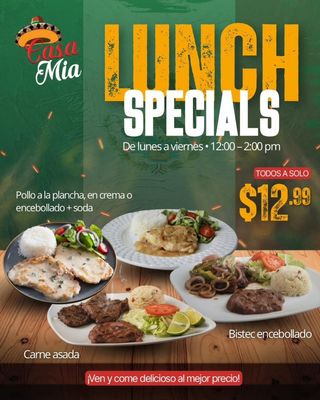Who's hungry for some authentic Mexican food? 🌮

📢 Reposted from @casamia_mexican

✨ ¡El almuerzo perfecto te espera en Casa Mia! ✨ 

De lunes a viernes, de 12:00 a 2:00 pm, disfruta nuestros deliciosos Lunch Specials 😋

🍗 Pollo a la plancha, en crema o encebollado + soda 
🥩 Carne asada 
🥩 Bistec encebollado 

🔥 ¡Todos por solo $12.99!

Porque comer rico y a buen precio sí es posible 😉 

📍 21430 Cedar Drive, Sterling VA 20164
 📞 703-421-0852
🔗 https://casamiarestaurantva.com