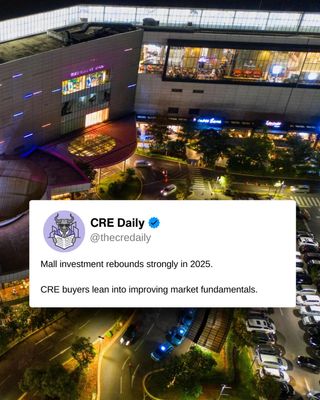 Mall investment activity is gaining momentum in 2025, even as consumer sentiment remains near historic lows.

More than 38 US malls traded in single-asset deals through Q3, already matching all of 2024 and putting this year on pace to be one of the busiest for mall sales in decades.

Improving fundamentals are driving renewed confidence. Occupancy has climbed back to pre-pandemic levels, rent spreads are the strongest among retail asset types, and cap rates have stabilized. With limited new supply and weaker assets already sidelined, investors are increasingly focused on long-term performance rather than short-term sentiment signals.

👉 Tap the link in bio to subscribe to CRE Daily for more timely news, trends, and transactions in commercial real estate.

#realestatenews #commercialrealestate #retail