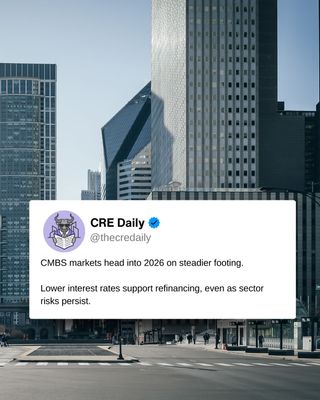 Moody’s expects US CRE credit conditions to remain broadly stable in 2026, supported by lower short-term interest rates and modest economic growth.

Easier financing should help refinancing activity pick up, particularly in SASB and CRE CLO markets, with data centers and office assets continuing to drive new issuance.

However, risks remain uneven across property types.

Rising leverage, persistent office vacancies, and potential retail stress could pressure conduit performance, especially in weaker markets. While the outlook suggests stabilization rather than recovery, lenders and investors are likely to stay selective as credit conditions normalize at different speeds across sectors.

👉 Tap the link in bio to subscribe to CRE Daily for more timely news, trends, and transactions in commercial real estate.

#realestatenews #commercialrealestate #cmbs