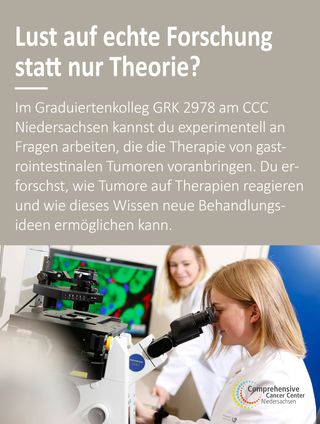 Starte Deine Forschungskarriere in der Onkologie 🔬🚀

Das Graduiertenkolleg GRK2978 des Onkologischen Spitzenzentrums, dem CCC Niedersachsen, bietet Medizinstudierenden experimentelle Doktorarbeiten. Das Onkologische Spitzenzentrum ist ein Zusammenschluss der UMG und der MHH.