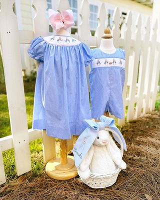 There’s nothing sweeter than these matching smocked Easter outfits and monogrammed basket bow 🐰
