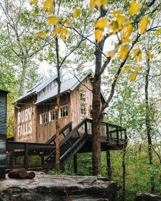 Your next escape is literally in the trees 🌿 The Redbud Treehouse in Chattanooga, Tennessee includes treetop balconies, complete with views you won't forget. Don't miss out — book now to secure your treehouse getaway!
