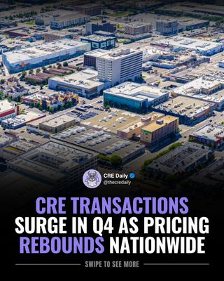 US commercial real estate transactions climbed 20% quarter over quarter in Q4 2025, with total volume hitting $179.9B.

Pricing also strengthened, as median single-asset values rose 12.1% year over year.

Industrial led by dollar volume at $44.9B, while hospitality and multifamily drove gains in deal count. Major metros showed mixed trends, with Chicago, Dallas, and Phoenix posting broad gains as select coastal markets lagged.

The data points to improving capital markets conditions heading into 2026.

👉 Tap the link in bio to subscribe to CRE Daily for more timely news, trends, and transactions in commercial real estate.

#commercialrealestate #realestatenews #capitalmarkets