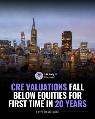 Commercial real estate valuations are now cheaper than US equities for the first time in nearly two decades. The repricing follows the office downturn and broader market reset.

Transaction volumes are stabilizing, and sectors like senior housing, infill industrial, and medical office are emerging as key opportunity areas.

👉 Tap the link in bio to subscribe to CRE Daily for more timely news, trends, and transactions in commercial real estate.

#commercialrealestate #realestatenews #investments
