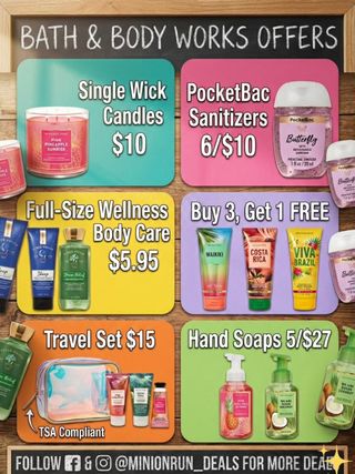 😍Drop 𝗔𝗡𝗬 𝗘𝗠𝗢𝗝𝗜 for 🔗 & details 

It’s time for a major restock with these incredible deals happening right now.

​Here is the breakdown of the current offers:
🕯️ Single Wick Candles: $10
🧴 Full-Size Wellness Body Care: Only $5.95!
🧼 Hand Soaps: 5 for $27
✨ PocketBacs: 6 for $10
✈️ TSA Compliant Travel Set: $15
🥥 Select Body Care: Buy 3, Get 1 FREE
​https://rstyle.me/+7hYqDhiXXbluPBg1oIBqUA

​Don't forget to follow @MINIONRUN_DEALS so you never miss a sale alert! 🚨

​#bathandbodyworks #bbwdeals #bathandbodyworkssale #candlelover 

➡️You must follow me  first for the 🔗 to come thru

✅️ Check my bio for the l!nk if the dm didnt come thru 
@minionrun_deals
