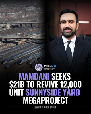 New York City is reviving plans to redevelop Sunnyside Yard into 12,000 new homes, anchored by a proposed $21B federal funding request.

The 180-acre Queens rail yard would require building a massive platform over active tracks.

The project, one of the city’s most complex development efforts, stalled in 2020 but is gaining renewed attention amid mounting housing affordability pressures.

If approved, it would mark one of the largest urban redevelopment initiatives in modern NYC history.

👉 Tap the link in bio to subscribe to CRE Daily for more timely news, trends, and transactions in commercial real estate.

#commercialrealestate #realestatenews #multifamily