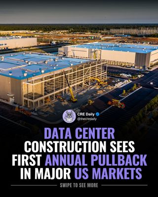 Data center construction declined year over year for the first time since 2020, with capacity underway falling to 5,994 MW in major US hubs.

Vacancy remains at a record-low 1.4%, underscoring persistent demand.

Rising construction costs, power constraints, and financing hurdles are slowing new projects, while rents for mid-sized deals jumped 12.5% annually. Developers are increasingly shifting toward secondary and frontier markets.

👉 Tap the link in bio to subscribe to CRE Daily for more timely news, trends, and transactions in commercial real estate.

#commercialrealestate #realestatenews #datacenters