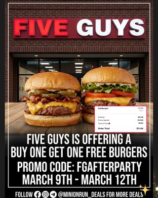 😍Drop 𝗔𝗡𝗬 𝗘𝗠𝗢𝗝𝗜 for 🔗 & details 

🚨 BOGO BURGER ALERT! 🚨 You read that right. It’s Buy One Get One FREE burgers at Five Guys!
​Get double the juicy goodness right now through March 12th only. Don’t sleep on this! 🏃‍♂️💨

Five Guys is offering a Buy One Get One Free Burgers when you use promo code FGAFTERPARTY at checkout online or in the app.

This limited promotion runs March 9 through March 12 as part of their 40th birthday after party celebration. You must be logged into your account to use the code.

https://order.fiveguys.com/location 

➡️You must follow me  first for the 🔗 to come thru

✅️ Check my bio for the l!nk if the dm didnt come thru 
@minionrun_deals 

​#fiveguys #burgerdeal #BOGO