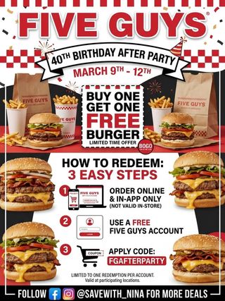 🛍️Comment “Me” and I’ll you  the direct link

🍔 BOGO FIVE GUYS BURGERS?! 🍔 Celebrate the Five Guys 40th Birthday After Party with a Buy One Get One FREE burger! 🎉 Available March 9th - 12th.

Here’s how to score yours:
1️⃣ Order Online or in the Five Guys App (Not valid in-store!)
2️⃣ Log into your FREE Five Guys account
3️⃣ Use promo code: FGAFTERPARTY at checkout 🛒

⏳ Limited to one per account at participating locations. Tag your burger buddy below! 👇

https://order.fiveguys.com
#FiveGuys #BOGO #BurgerDeal #FoodDeals #SaveMoney