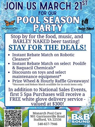 It's cold now. But warm weather is right around the corner. 🌞

Join @monarchpoolcare for a pool season party. 🎉

🗓️ March 21st from 10AM - 4PM
📍 901 Garrisonville, Road, Stafford, VA 22556

To RSVP:
✅ Scan QR code
Visit 🔗 https://tinyurl.com/poolseasonrvsp
✅ Visit link in bio 

#springiscoming🌸 #poolseason #poolcare #staffordva