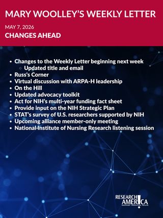 Some changes are coming to Mary Woolley's Weekly Letter!

Beginning next week, the Weekly Letter will be titled, "Research!America's Weekly Letter" and it will be sent from a new email address. But the Weekly Letter will still contain all the helpful information and analyses you've been accustomed to receiving. In addition, Research!America's new President and CEO Russ Paulsen will provide his commentary in a standalone section titled, "Russ's Corner." 

Don't miss this week's Weekly Letter for these updates, as well as the latest news and upcoming events. 
Link in bio.