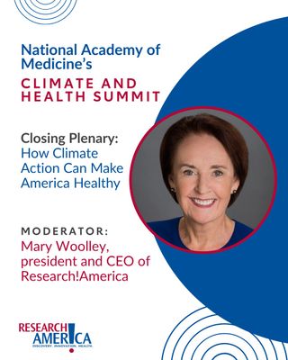 Join Research!America President and CEO Mary Woolley on April 8 as she moderates the closing plenary: How Climate Action Can Make America Healthy. This discussion will take place near the end of @thenamedicine's Climate and Health Summit. 

Register to attend virtually. Link in bio. 

#ClimateActionforHealth