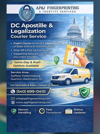 Need an Apostille? 📑 Fast, accurate, and stress-free?

AP&J Notary, Fingerprinting & Apostille Services provides professional Apostille courier services for clients in Richmond, VA and Washington, DC, handling documents with the U.S. Department of State and the Office of Notarial Commissions & Authentications (ONCA). 🎯

✅ Same-day & expedited options available
✅ Hand-delivered processing (no risky mail delays)
✅ Personal support every step of the way
✅ Ideal for legal, business, academic, and international documents

Whether you're dealing with international business, dual citizenship, or overseas paperwork AP&J Notary, Fingerprinting & Apostille Services makes sure your documents are done right the first time.

Visit 🔗 https://www.apjfingerprinting.com or link in bio for more information! 

#notary #apostille #fingerprinting
#courier