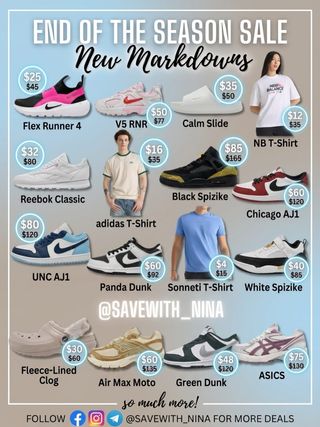 🛍️Comment “Sale” and I’ll send you the direct link to shop 

💥BIG MARKDOWNS. HUGE SAVINGS. The End of the Season Sale is live

🔥 We’ve got insane prices on Nike, Jordan, Adidas & more! Kicks for under $50! 👟 Shirts as low as $4! 😱 Seriously, check out the deals in the picture. Don’t walk, RUN. 

👇 Click the link in our bio to shop the sale now. 
https://mavely.app.link/IjJqc1ATm2b

Follow me  @savewith_nina for more! #DailyDeals #SneakerWatch #FrugalFashion #SalesReady #SaveWithNina