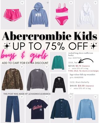 Comment “Send” and I will dm you the 🔗 

Huge sale happening now with kids clothes at Abercrombie up to 75% off. An extra 15% off applies at checkout after adding items to the cart. Sizes are limited and some items are final sale, so availability can vary.

➡️ https://go.sylikes.com/farykKdv6Eqg

Please double tap before you go
Find the deal in my BIO @couponbro
👉🏼Links are affiliated AD

Ty: @chasingclearance 💫

@brosaves #KidsStyle #Abercrombie #ClothingDeals #StyleFinds #SaleAlert